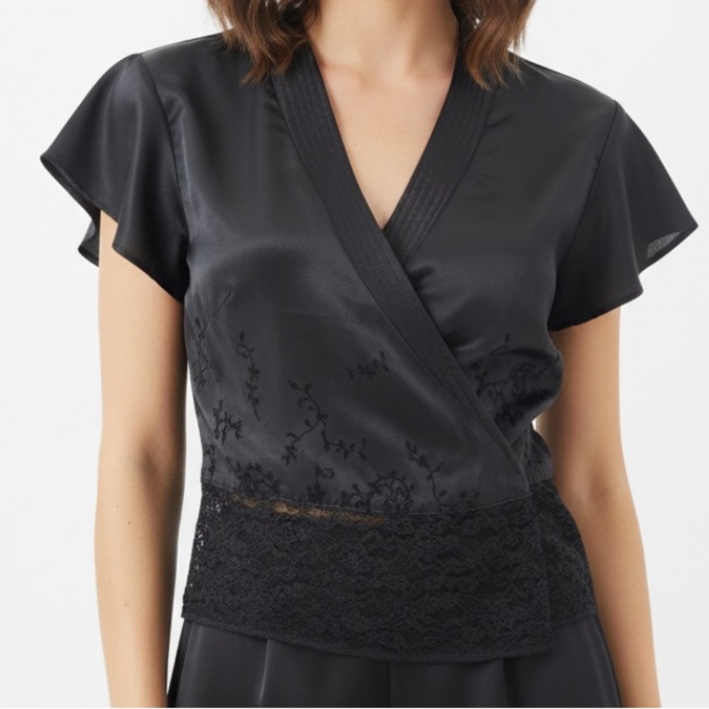Oscar de la Renta Black Lace Wrap Blouse